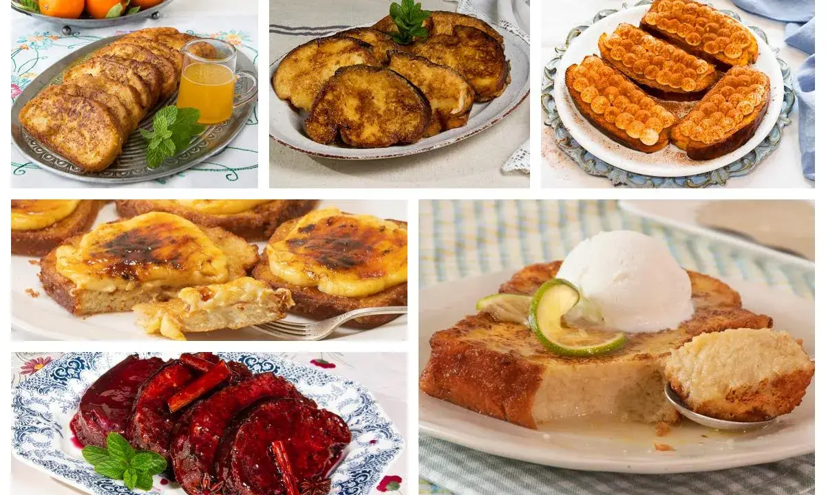 Variedad de torrijas: doradas, con crema quemada, con helado y frutas, y un plato de carne en salsa. Ingredientes torrijas variados.