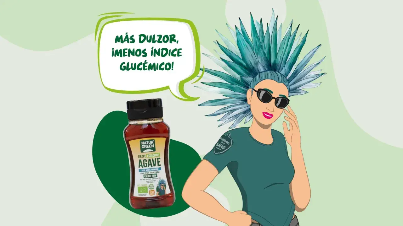 Botella de sirope de agave Natur Green junto a una mujer con peinado de agave. "Más dulzor, ¡menos índice glucémico!