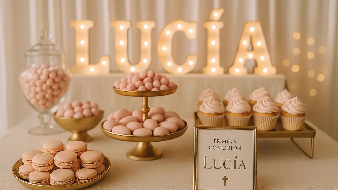 Detalles de gominolas para comunión de Lucía: macarons, almendras y cupcakes rosas. Letras luminosas con su nombre.