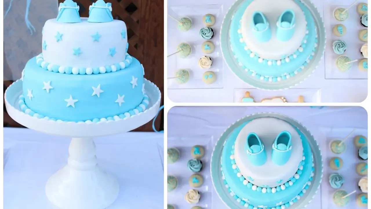 Deliciosas tartas de gominolas para bautizos, decoradas con estrellas y zapatitos de bebé en tonos azules y blancos.