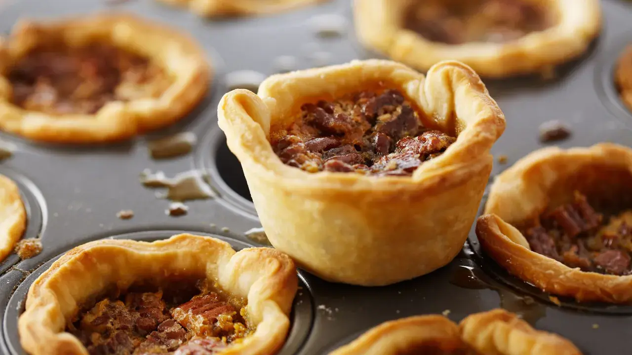 Mini tartas de nuez en molde, perfectas para recetas con masa quebrada.