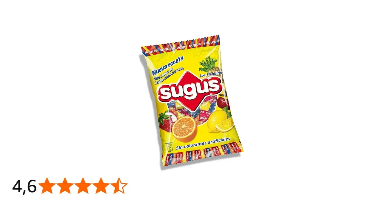 Bolsa de Sugus con frutas (fresa, naranja, limón, cereza, piña). ¡Disfruta de estos dulces que son veganos y sin colorantes artificiales!