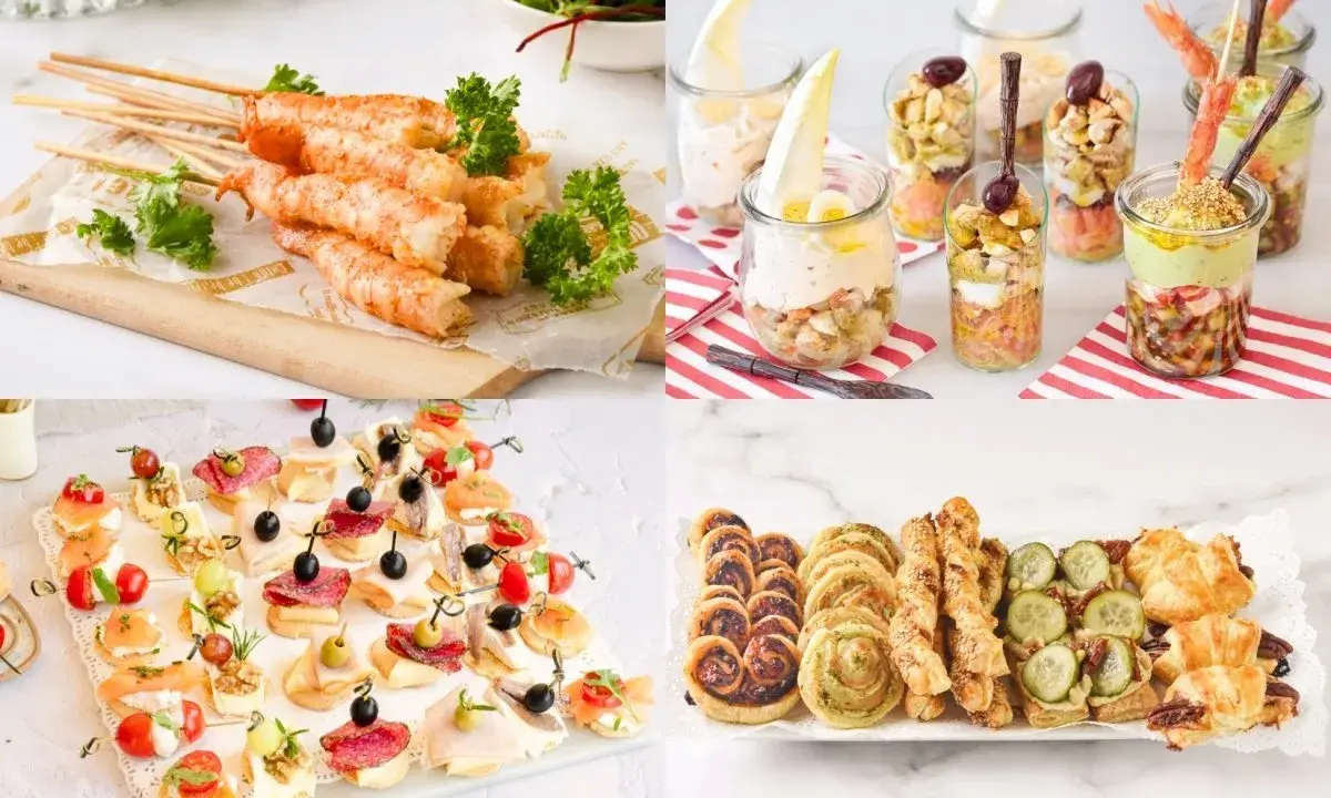 Deliciosas pica pica ideas: camarones, canapés variados, ensaladas en vaso y hojaldres salados. ¡Perfecto para cualquier evento!