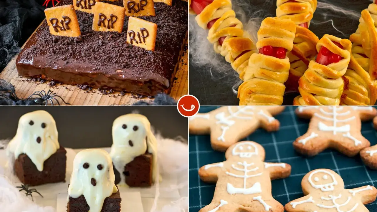 Ideas para decorar chuches de Halloween: tarta de tumba, salchichas momia, brownies fantasma y galletas esqueleto. ¡Perfecto para una fiesta espeluznante!