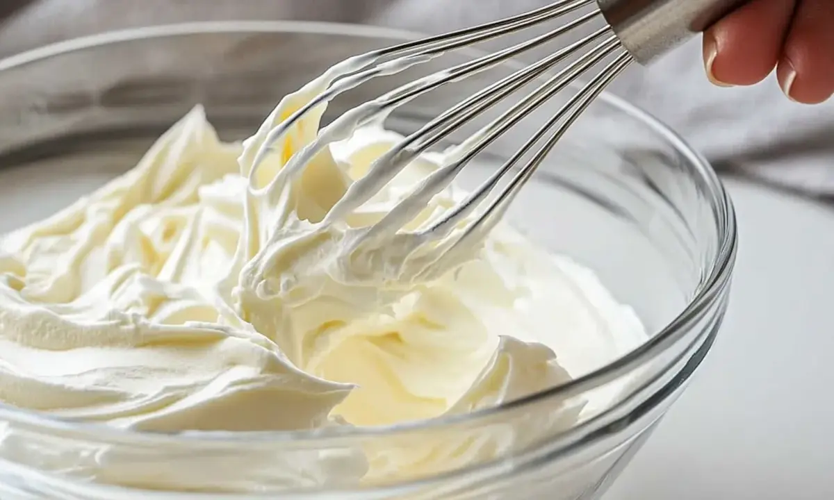Batidor de mano mezclando crema chantilly en un bol de vidrio.