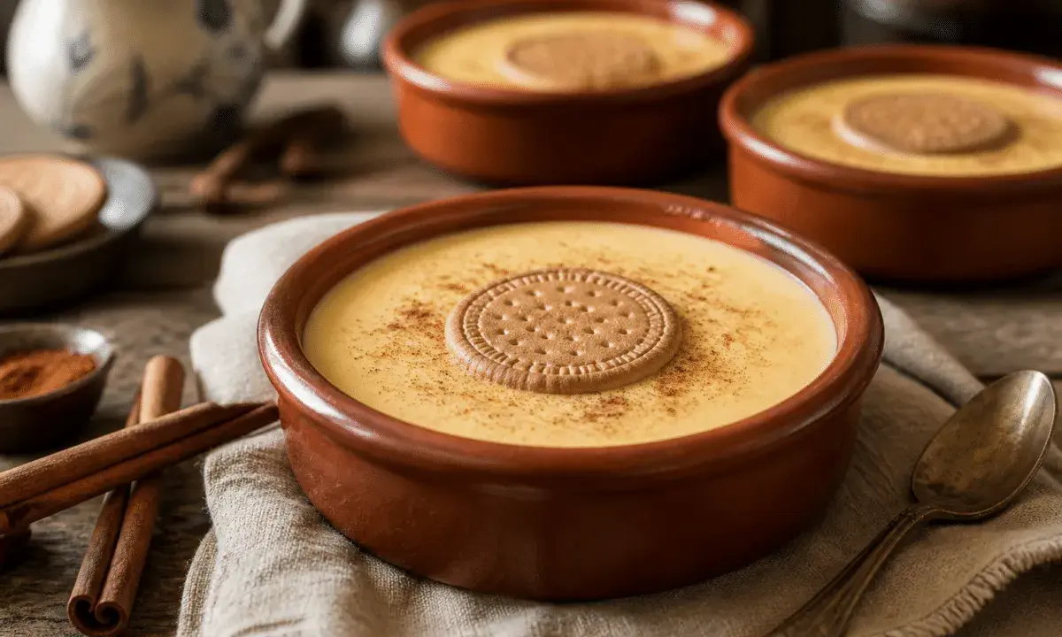 Deliciosas natillas caseras en cuencos de barro, espolvoreadas con canela y coronadas con galleta. Un placer para la vista y el paladar.
