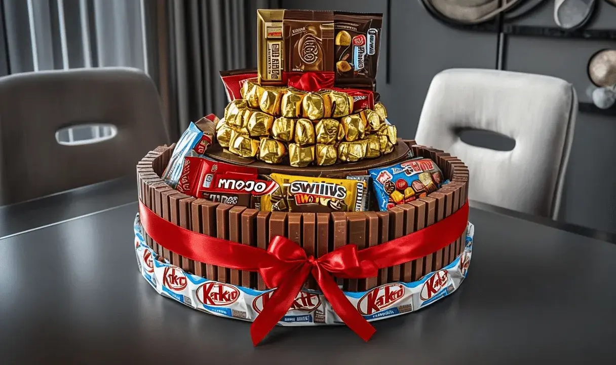 Espectacular tarta de chuches casera, decorada con Kit Kats y chocolates dorados, atada con un lazo rojo.