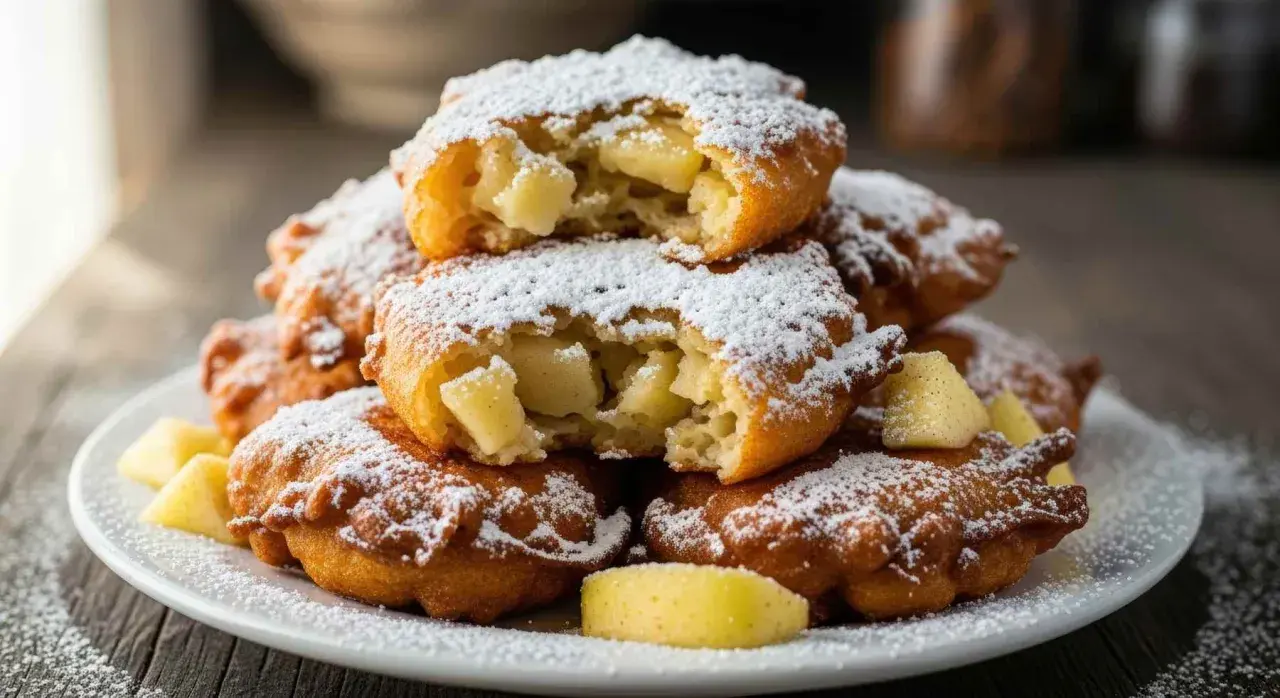 Montón de buñuelos de manzana cubiertos de azúcar glas, con trozos de manzana visibles en el interior.