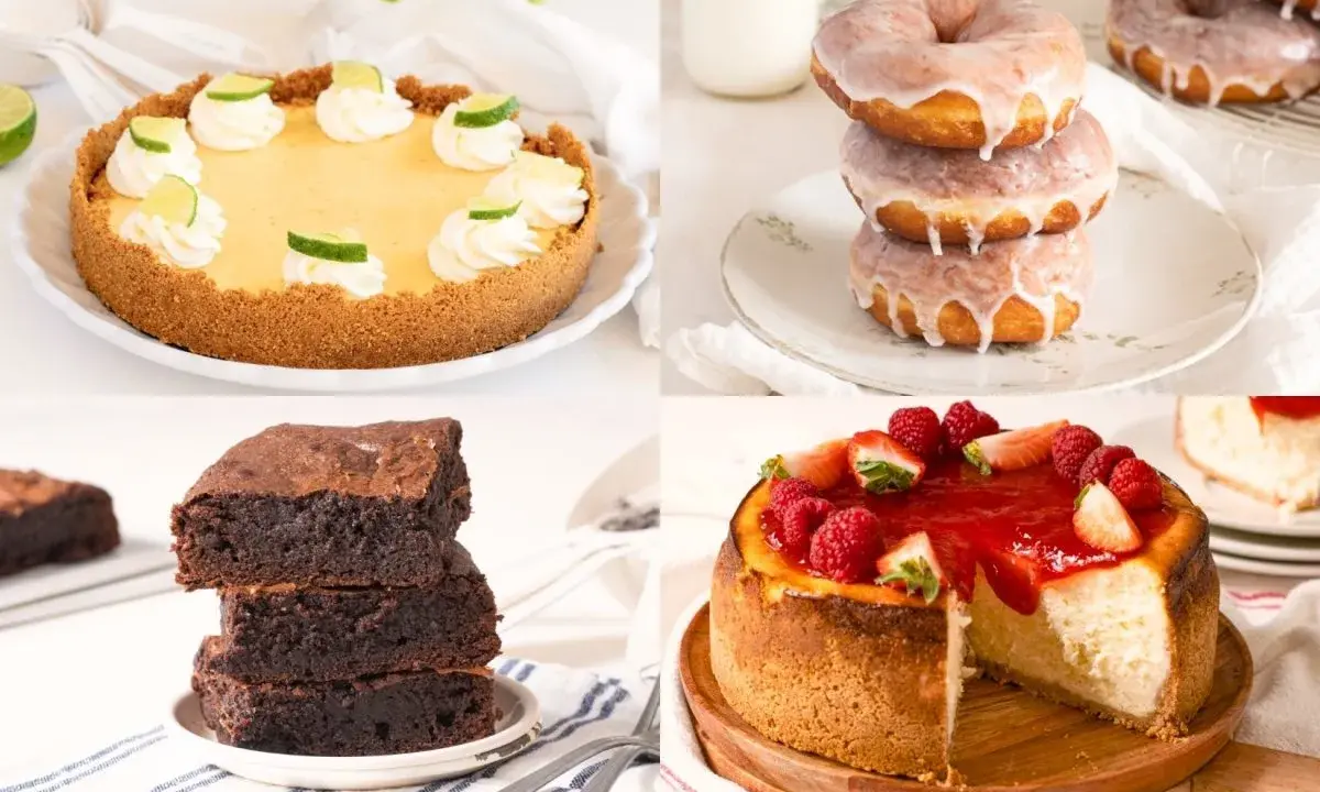 Pastel de lima, donas glaseadas, brownies y tarta de queso con frutos rojos. ¡Una selección de postres típicos americanos!
