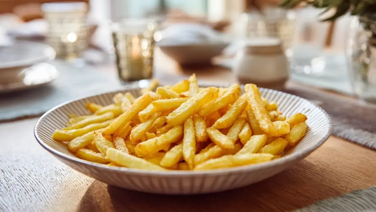 Un plato lleno de patatas fritas doradas y crujientes, listo para ser disfrutado en una mesa bien puesta.
