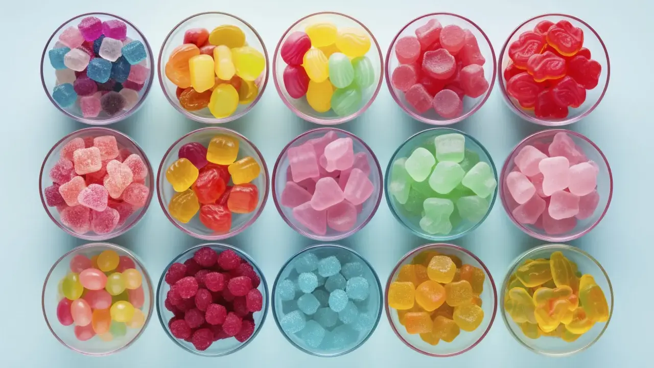 Variedad de tipos de gominolas en cuencos: cubos, frutas, ositos y más, en colores vibrantes.