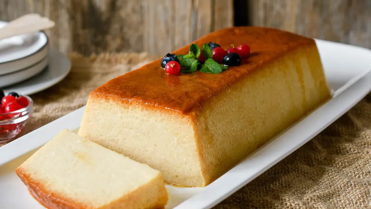 Un delicioso pudin de pan, con una capa dorada y decorado con frutos rojos y menta.