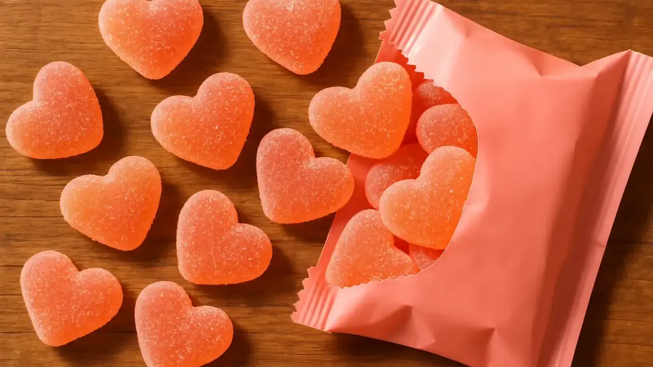 Dulces en forma de corazón, con un delicioso sabor a corazon de melocoton, esparcidos sobre una mesa de madera y saliendo de un paquete rosa.