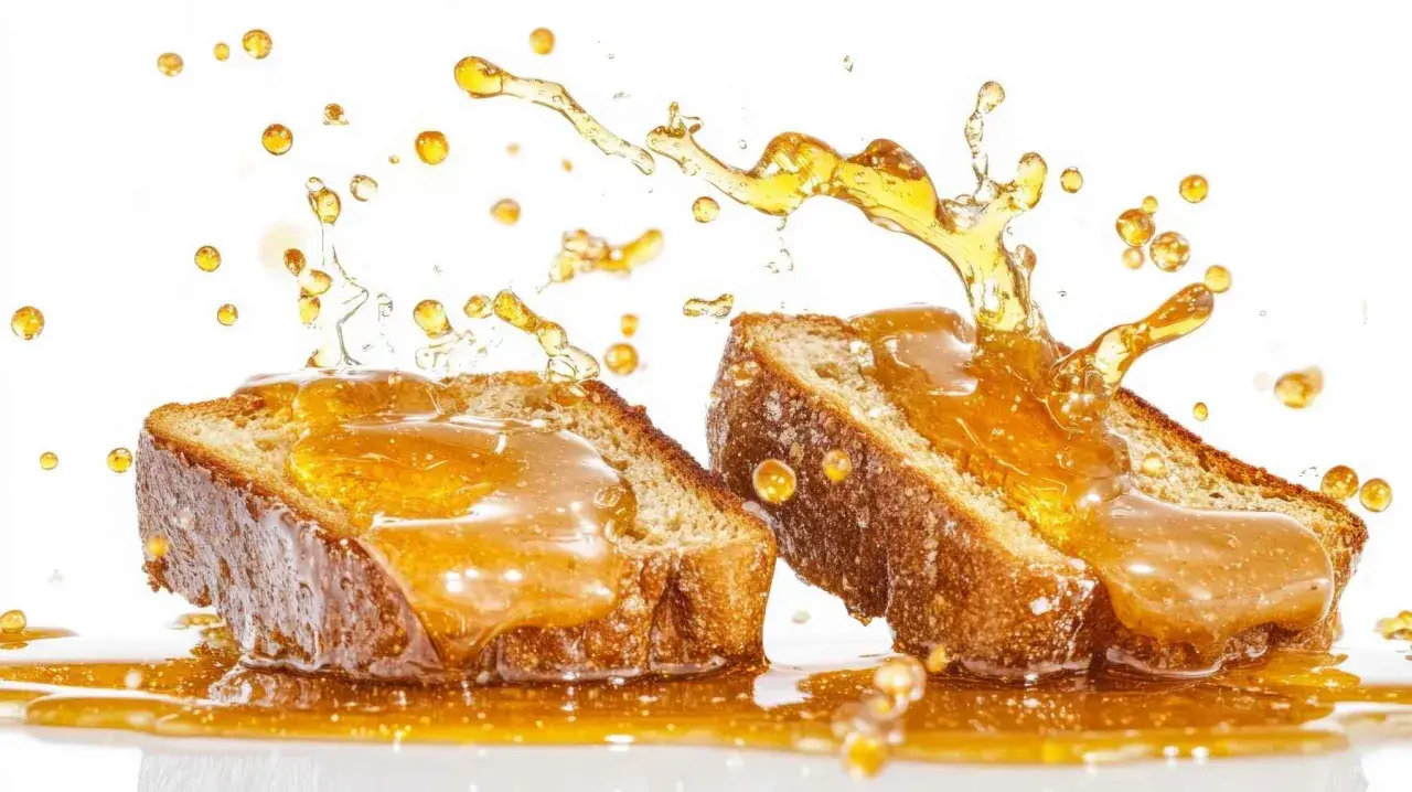 Dos rebanadas de pan cubiertas de miel dorada, con salpicaduras y gotas cayendo. Una deliciosa torrija caramelizada en acción.