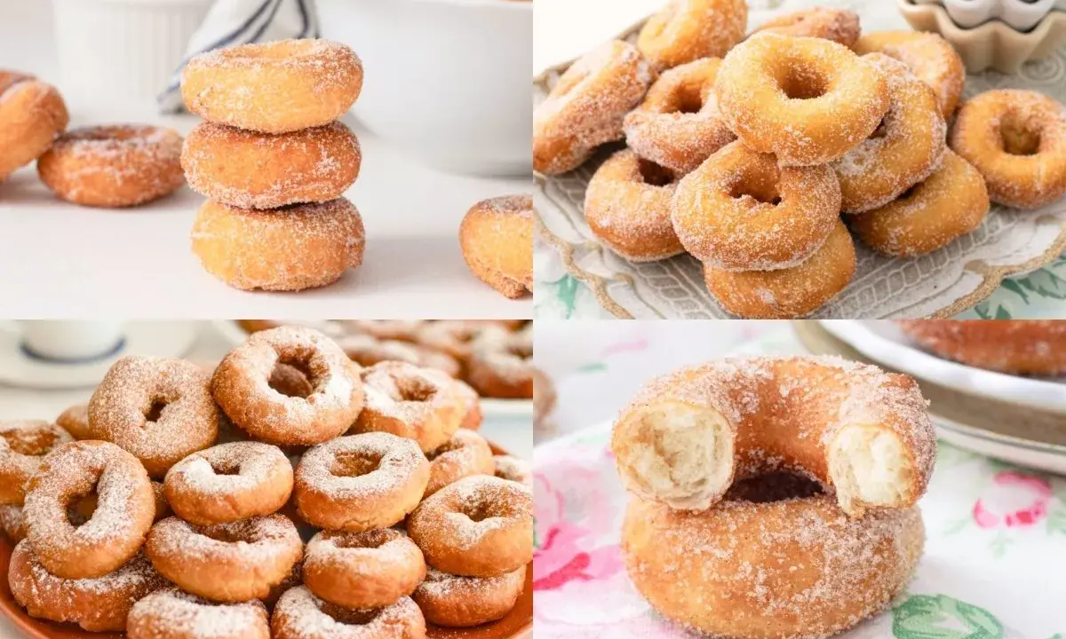 Montaje de rosquillas caseras de toda la vida, doradas y espolvoreadas con azúcar. Un placer para la vista y el paladar.