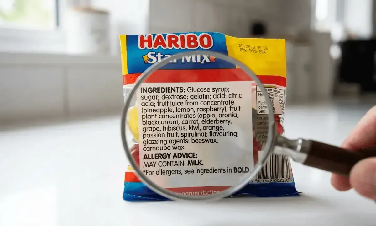Una lupa examina la etiqueta de ingredientes de un paquete de Haribo Star Mix. ¡Cuidado! Los Skittles tienen gluten.