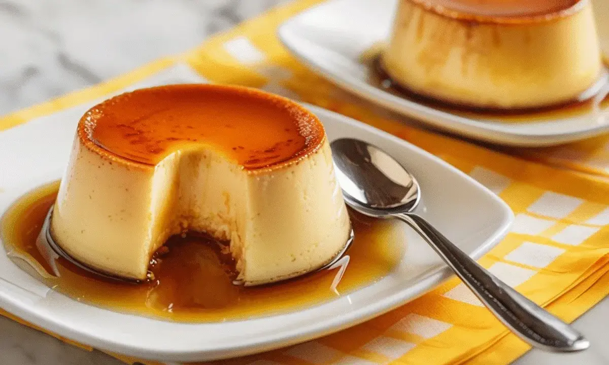Dos deliciosos flanes de huevo con caramelo líquido, uno con un trozo retirado, servidos en platos blancos sobre una servilleta amarilla a cuadros.