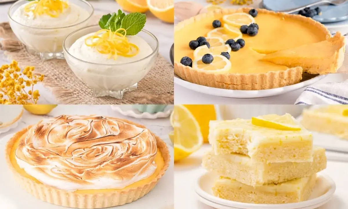 Un surtido de postre de limón: mousses individuales, tarta con merengue, tarta de limón y arándanos, y barritas de limón.