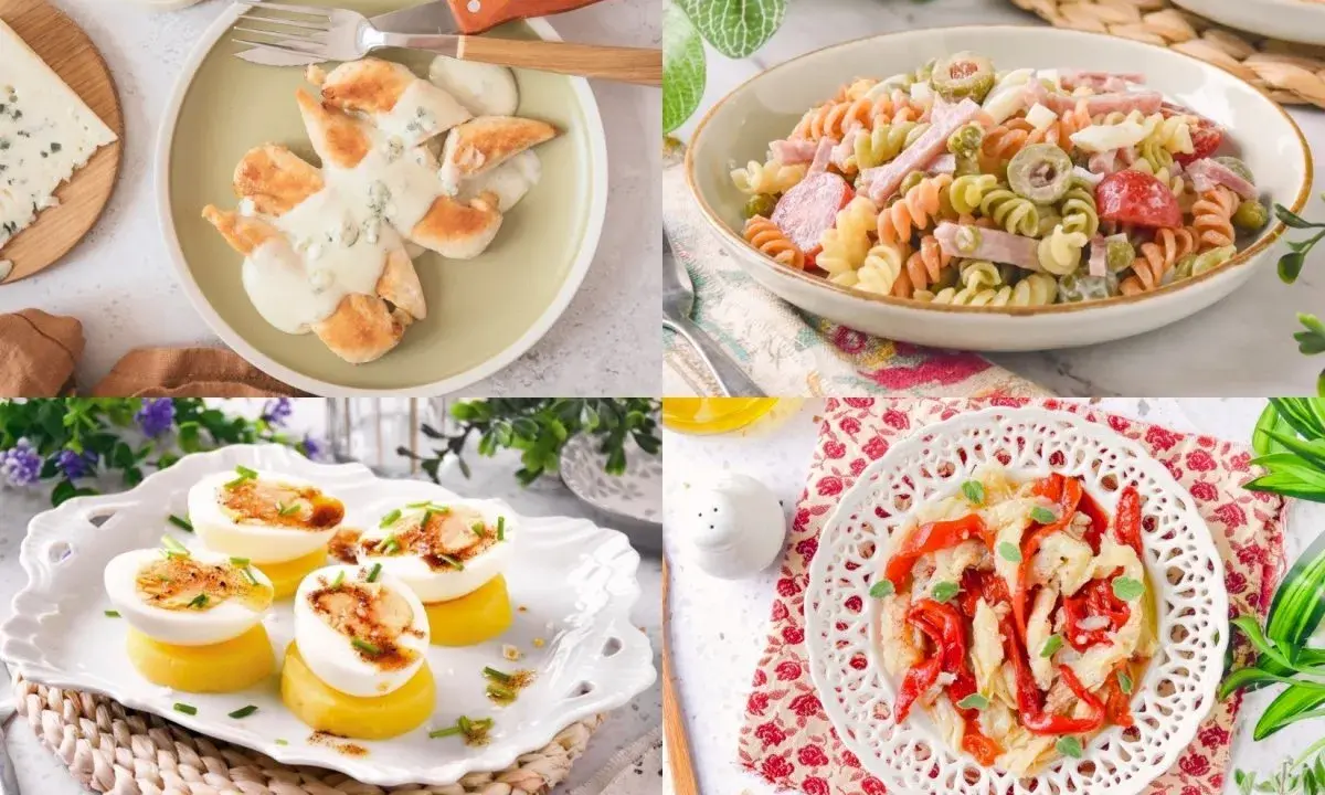 Cuatro platos deliciosos: pollo con salsa de queso azul, ensalada de pasta, huevos rellenos y pimientos salteados. ¡Recetas con pocos ingredientes fáciles de preparar!
