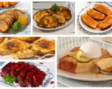 Variedad de torrijas: doradas, con crema quemada, con helado y frutas, y un plato de carne en salsa. Ingredientes torrijas variados.