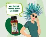 Botella de sirope de agave Natur Green junto a una mujer con peinado de agave. "Más dulzor, ¡menos índice glucémico!