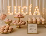 Detalles de gominolas para comunión de Lucía: macarons, almendras y cupcakes rosas. Letras luminosas con su nombre.