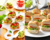 Delicioso y barato picoteo para cumpleaños: bruschettas de aguacate y anchoas, y mini hamburguesas.