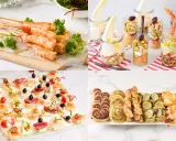 Deliciosas pica pica ideas: camarones, canapés variados, ensaladas en vaso y hojaldres salados. ¡Perfecto para cualquier evento!