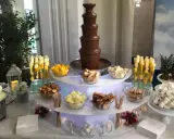 Ideas mesa dulce: fuente de chocolate blanco y negro, frutas, malvaviscos y galletas para una celebración.