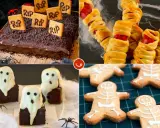 Ideas para decorar chuches de Halloween: tarta de tumba, salchichas momia, brownies fantasma y galletas esqueleto. ¡Perfecto para una fiesta espeluznante!