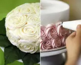 Delicado bizcocho con decoración de rosas de crema blanca y rosa. Un detalle de la elaboración de la decoración de bizcocho.