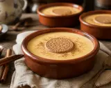 Deliciosas natillas caseras en cuencos de barro, espolvoreadas con canela y coronadas con galleta. Un placer para la vista y el paladar.