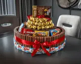 Espectacular tarta de chuches casera, decorada con Kit Kats y chocolates dorados, atada con un lazo rojo.