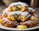 Montón de buñuelos de manzana cubiertos de azúcar glas, con trozos de manzana visibles en el interior.