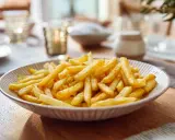 Un plato lleno de patatas fritas doradas y crujientes, listo para ser disfrutado en una mesa bien puesta.