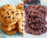 Dos tipos de galletas de avena y chocolate: unas clásicas con chispas y otras tipo "no-bake" oscuras y rústicas.