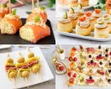 Rollitos de salmón, volovanes, brochetas de aceitunas y pimientos, y canapés variados. ¡Aperitivos fáciles y deliciosos para cualquier ocasión!