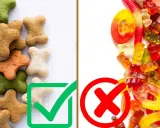 Galletas con forma de hueso, algunas verdes, son golosinas saludables. Dulces de goma y gusanos, prohibidos.