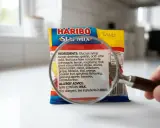 Una lupa examina la etiqueta de ingredientes de un paquete de Haribo Star Mix. ¡Cuidado! Los Skittles tienen gluten.