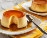 Dos deliciosos flanes de huevo con caramelo líquido, uno con un trozo retirado, servidos en platos blancos sobre una servilleta amarilla a cuadros.