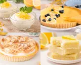 Un surtido de postre de limón: mousses individuales, tarta con merengue, tarta de limón y arándanos, y barritas de limón.