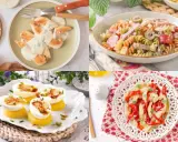 Cuatro platos deliciosos: pollo con salsa de queso azul, ensalada de pasta, huevos rellenos y pimientos salteados. ¡Recetas con pocos ingredientes fáciles de preparar!
