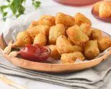 Tater tots dorados y crujientes servidos en un plato de madera con ketchup.