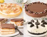 Cuatro deliciosos postres para cumpleaños de adultos: tarta de limón, pastel de chocolate, milhojas y tarta de Oreo.