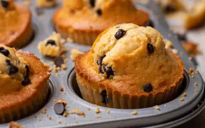 Magdalenas de chocolate recién horneadas en un molde metálico, con trocitos de chocolate visibles y migas esparcidas.