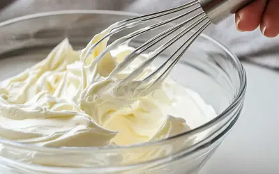 Batidor de mano mezclando crema chantilly en un bol de vidrio.