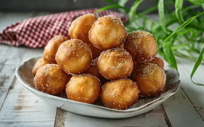 Montón de buñuelos de viento dorados y espolvoreados con azúcar, servidos en un plato blanco sobre una mesa de madera.