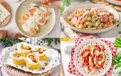 Cuatro platos deliciosos: pollo con salsa de queso azul, ensalada de pasta, huevos rellenos y pimientos salteados. ¡Recetas con pocos ingredientes fáciles de preparar!