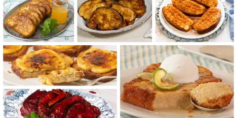 Variedad de torrijas: doradas, con crema quemada, con helado y frutas, y un plato de carne en salsa. Ingredientes torrijas variados.