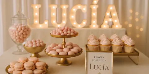 Detalles de gominolas para comunión de Lucía: macarons, almendras y cupcakes rosas. Letras luminosas con su nombre.